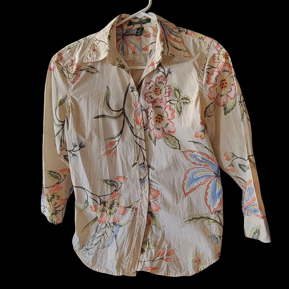Ralph Lauren Floral Button Up Long Sleeve Cotton Shirt Top Cream Multi Color ~XS